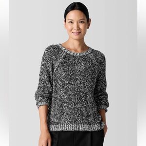 Eileen Fisher Cotton Boucle Crew Neck Sweater in black and white marled knit 1X